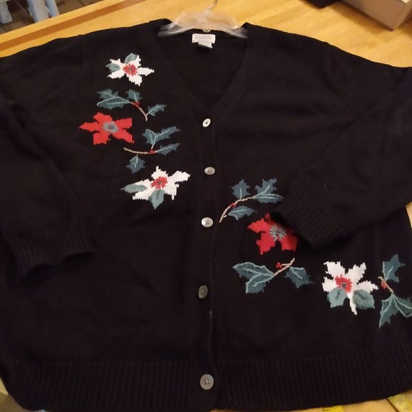 Classic Elements Christmas Holiday Cardigan Sweater 16-18 Woman Poinsettias - Picture 1 of 9